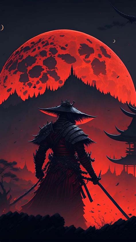 an illustration of a samurai standing in front of a red full moon and ...