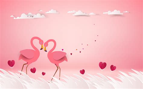 pair, love, rendering, 2K, birds, pink background, Flamingo, hearts HD ...