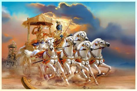 5 horse chariot shri krishna arjun mahabharat paintings