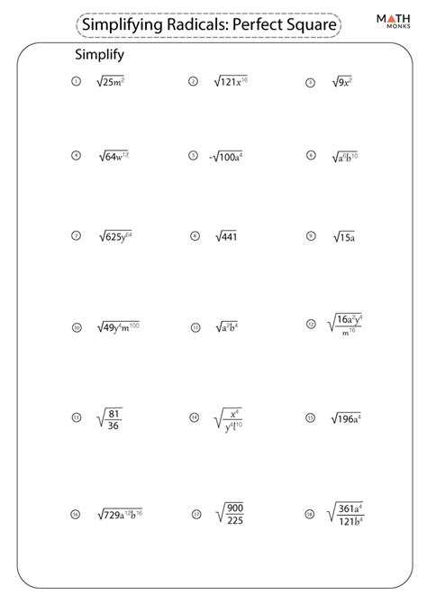 Simplifying Radicals Worksheets - Math Monks