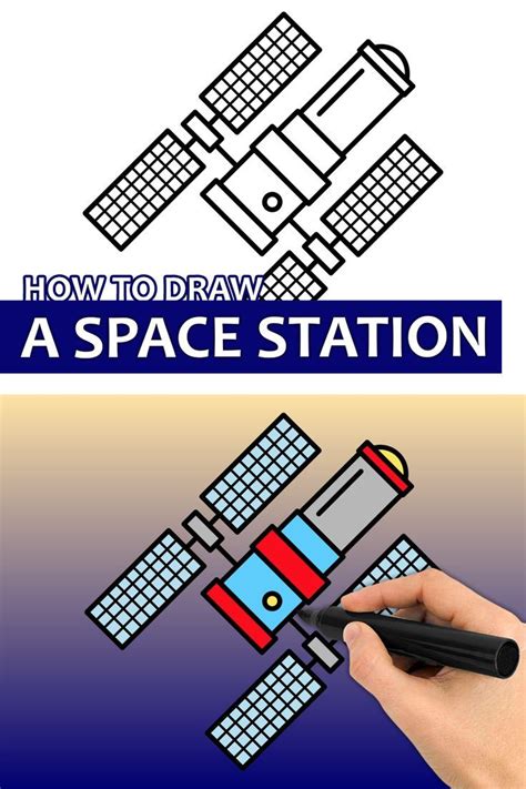 a hand drawing a space station on the side of a white and blue ...