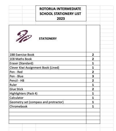 Stationery List - Rotorua Intermediate School