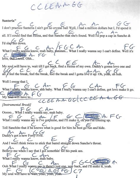 Santeria (Sublime) Capo 4th - Guitar Chord Chart with Lyrics - http ...