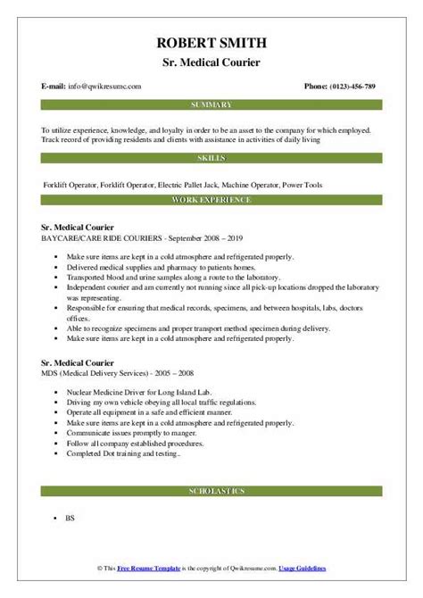 Medical Courier Resume Samples | QwikResume