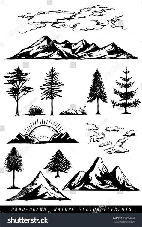 Hand Drawing Mountains Pines Clouds Plants Stock Vector (Royalty Free ...