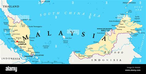 Malaysia political map with capital Kuala Lumpur, national borders ...