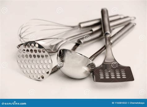 Set of Metal Kitchen Utensils Stock Photo - Image of brick, cooking ...