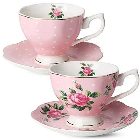 BTäT- Floral Tea Cups and Saucers, Set of 2 (Pink - 8 oz) with Gold ...