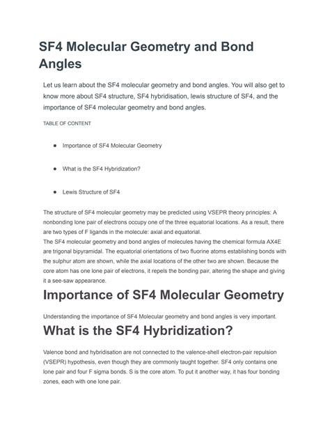 SOLUTION: Sf4 molecular geometry and bond angles - Studypool