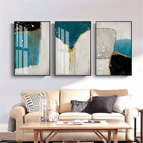 Framed Wall Art 3 Piece Set of 3 Prints Abstract Gold Navy Grey Blue ...