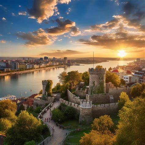 Panoramic view of Belgrade Fortress and Kalemegdan Park at sunset ...