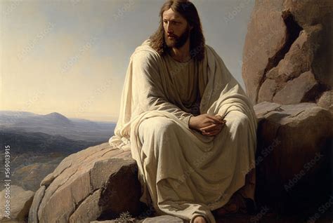 picture of Jesus Christ sitting on a rock, generative AI Stock ...