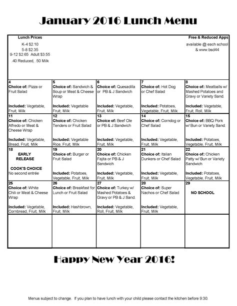 January 2016 Elementary Lunch Menu | Lunch menu, Breakfast menu, Menu