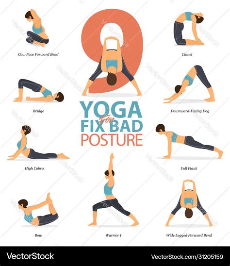 9 yoga poses for fix bad posture Royalty Free Vector Image