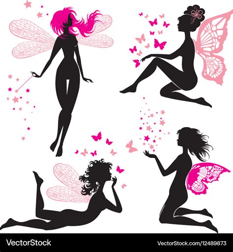 Set black and pink silhouette fairy girls Vector Image