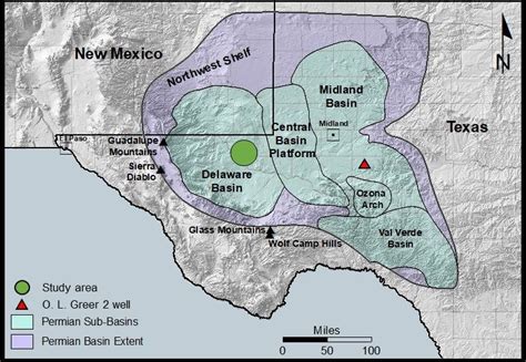 Map showing the boundaries of the Permian Basin region and principal ...