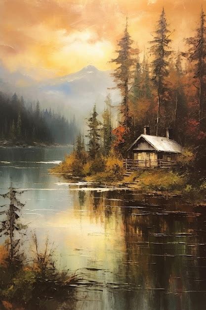 Premium AI Image | A painting of a cabin by the lake