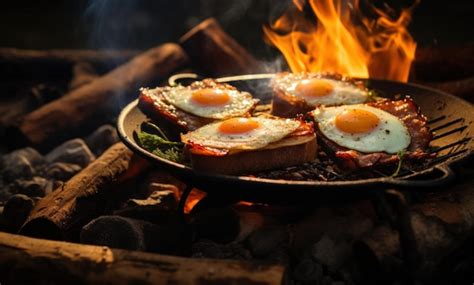 Premium Photo | Crispy bacon and eggs on the fire