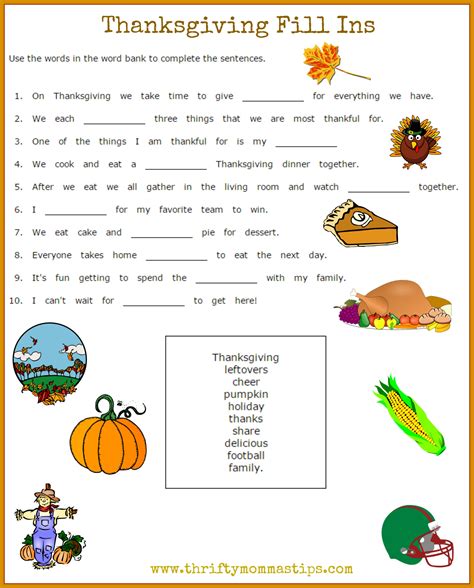 Thanksgiving printables Fill In vocabulary sheet for children