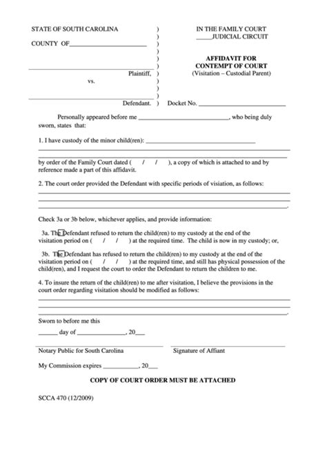 Affidavit For Contempt Of Court Form - Custodial Parent printable pdf ...