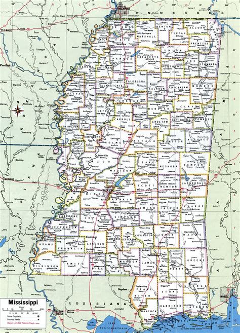 Map of Mississippi showing county with cities,road highways,counties,towns