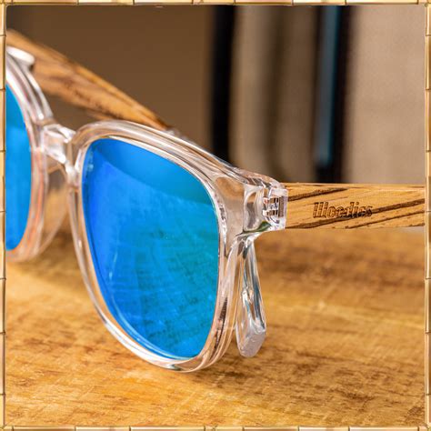 Clear Acetate Sunglasses with Polarized Blue Lens in Wood Display Box ...