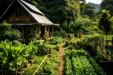 Wooden house in village with plants and flowers in backyard garden ...