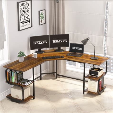 Teraves L-Shaped Computer Desk with Bookshelves, Large Corner Desk Home ...