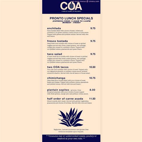 Menu at COA mexican eatery & tequileria restaurant, La Conner