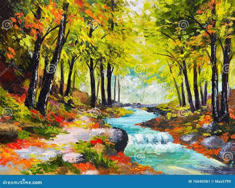 Landscape Oil Painting - River in Autumn Forest Stock Illustration ...