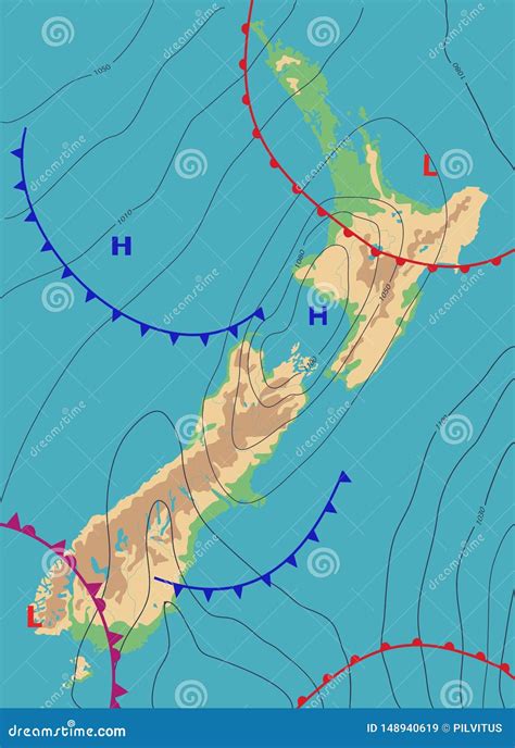 Realistic Weather Map Of The New Zealand Showing Isobars And Weather ...