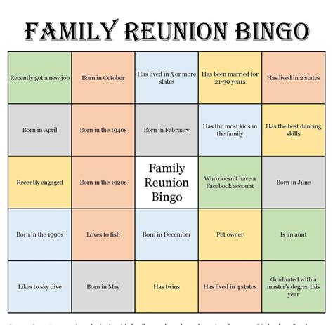 Family Reunion Bingo Game Printable - Printable Word Searches