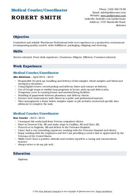 Medical Courier Resume Samples | QwikResume