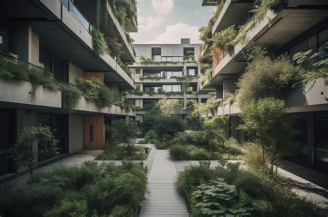 Premium AI Image | A courtyard with plants and trees in the center.