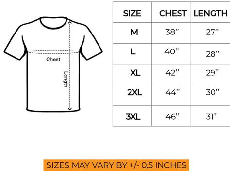 T-Shirt Size Chart in sri lanka