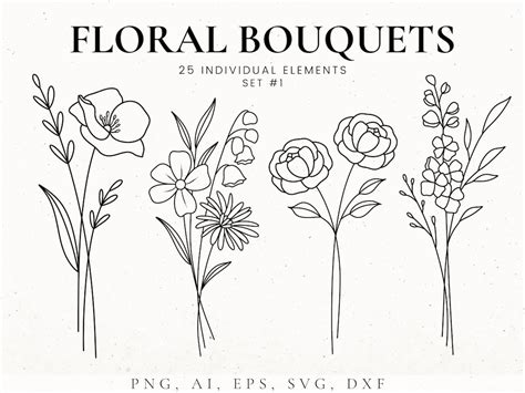 Flower Bouquet Svg Bundle, Flower Stencil, Flower Tattoo Design, Floral ...