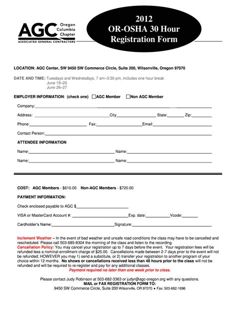 Fillable Online agc-oregon OSHA 10-HOUR Registration Form Fax Email ...