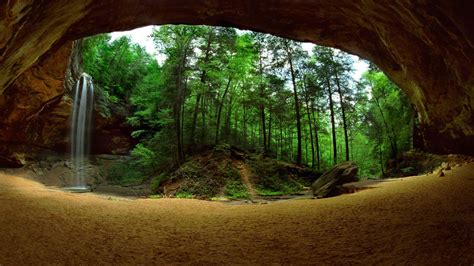 Waterfalls On Rock Green Trees Forest Background Cave Canyon HD Nature ...