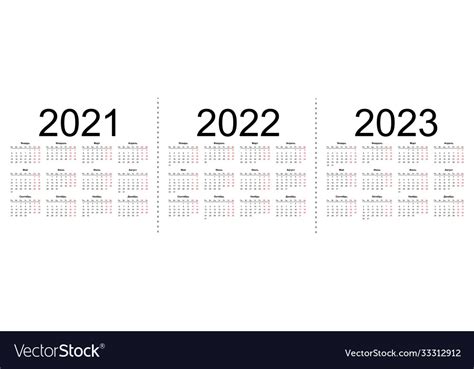 Calendar grid for 2021 2022 and 2023 years Vector Image