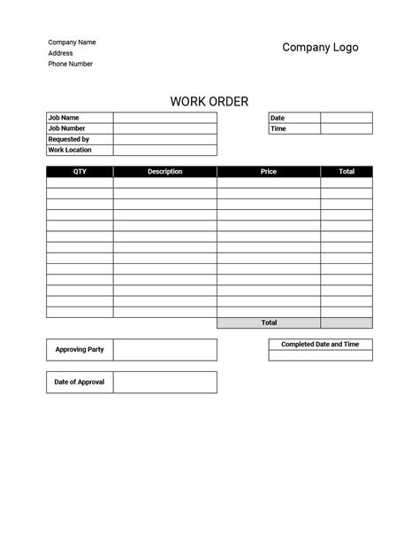 Work Order Form Template Excel