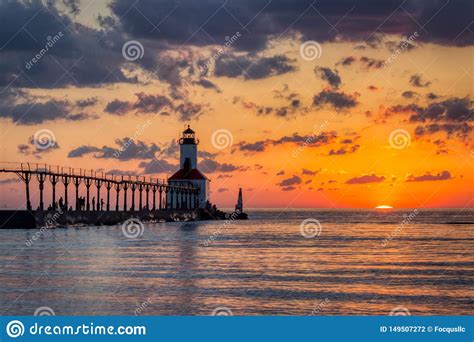 Dramatic Sunset at Michigan City East Pierhead Lighthouse Stock Photo ...