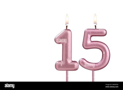 Candle number 15 - Lit birthday candle on white background Stock Photo ...