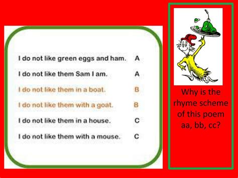 PPT - Rhyme Scheme: the pattern of rhymes used in a poem, usually ...