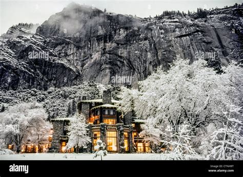 The glow of electric lights inside the historic 1927 Ahwahnee Hotel ...