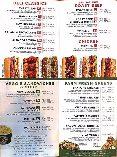 Menu at TOGO'S Sandwiches fast food, Ripon