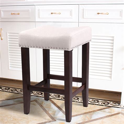 AUGIENB 23" Padded Saddle Stool, Poplar Wood Backless Non-Swivel Bar ...