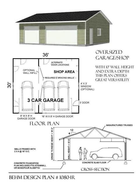 3 Cars Basic One Story Garage Plans By Behm Design D.no 1080-1- 36'x30 ...