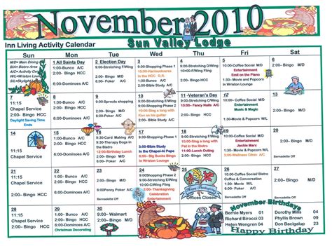 November Assisted Living Activities - Welcome to Sun Valley Lodge