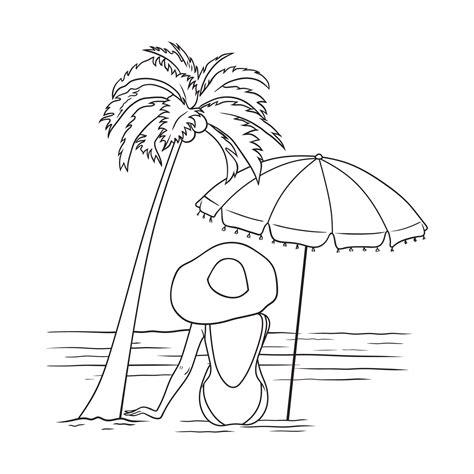 Lady relaxing on the beach with umbrella and coconut tree black and ...