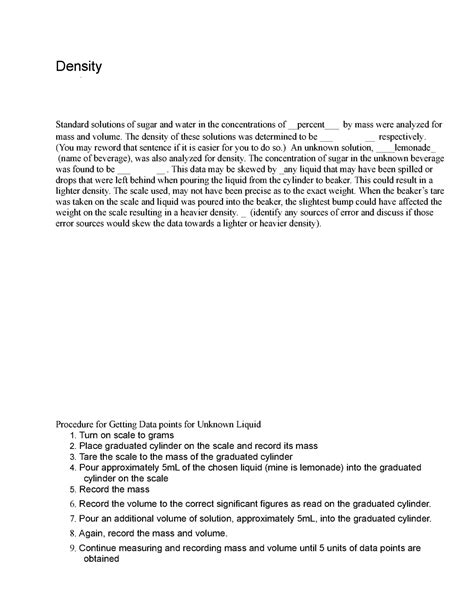 Lab Summary - Density - Using a Standard Curve - Density - Using a ...